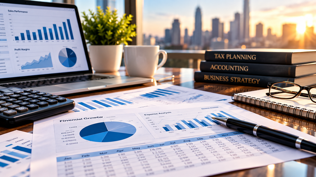 “Professional accounting and business consulting workspace with financial charts, tax planning documents, calculator, laptop, and business performance reports.”